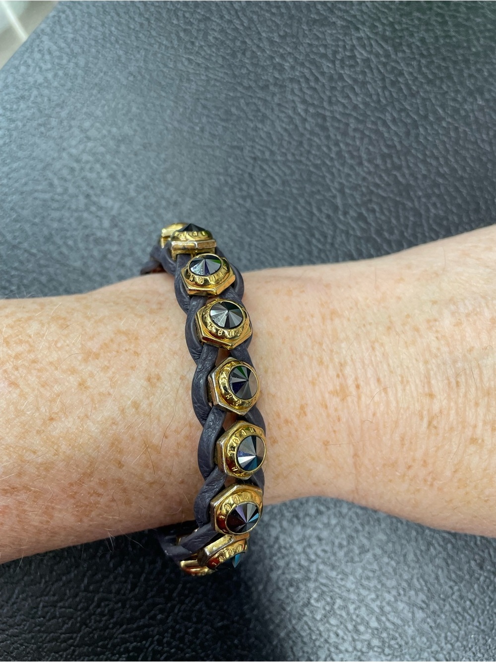 henri bendel Black Braided Leather Bracelet with Gold-Tone Studs
